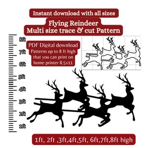 Modèle PDF motif renne en traîneau du père Noël grandeur nature, trace et découpe imprimables, modèle de silhouette de Noël, pochoirs, jardin de Noël