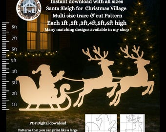 Vliegende kerstman slee rendier knipsel silhouet afdrukbare trace and cut stencil overdracht sjabloon, yard art pdf houtbewerking patroon, 5 ft 6 ft
