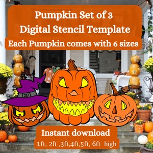 Puede incluir: Un conjunto de plantillas digitales con tres calabazas naranjas con caras talladas, cada una con seis tamaños de 30 cm a 183 cm de alto. Ideal para decoraciones de Halloween.