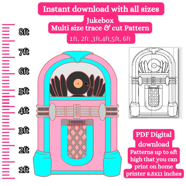 Juke box stencil Pattern , Shoe Mosaic balloon template,printable paper pattern ,1ft 2ft 3ft 4ft 5ft, 6ft, DIY, 1950s sock hop, Grease theme