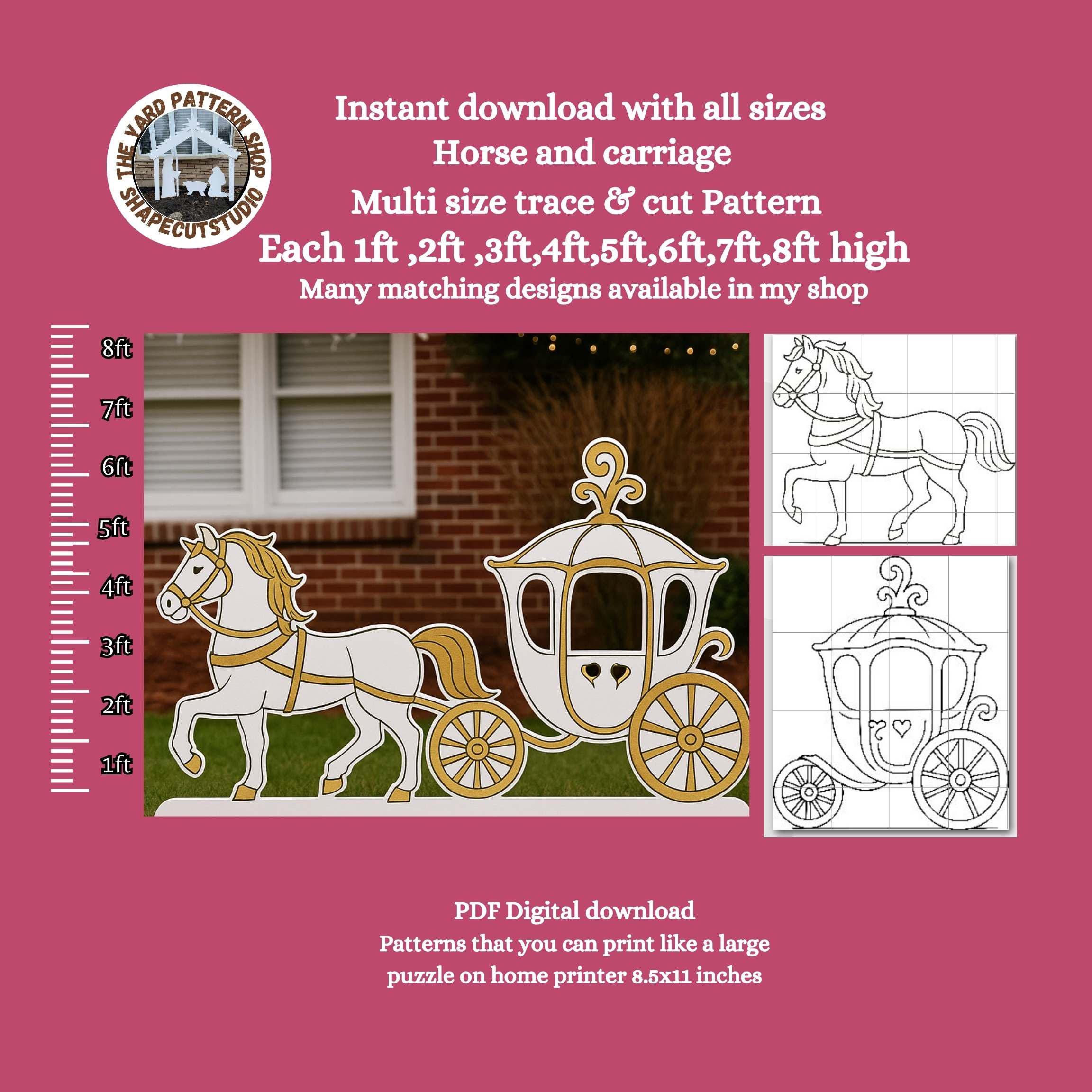 Fairytale Horse and carriage pattern, 8 sizes, pdf printable template, woodcraft stencil, wagon, castle, digital yard art stencil bundle svg