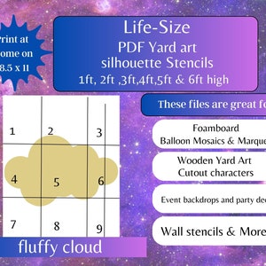 1ft to 5ft fluffy cloud silhouette template moon cloud stars, print and cut ,trace and cut digital stencil, baby shower , yard art