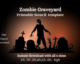 Full-size trace & create patterns Halloween silhouette template, Zombie graveyard woodworking pattern, halloween Scene window pattern