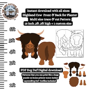 May include: Digital download of a Highland Cow pattern for a planter. The design includes front and back views, with multiple sizes available, including 18 inches, 2 feet, and 3 feet high. The pattern is available in PDF, SVG, and DXF formats.