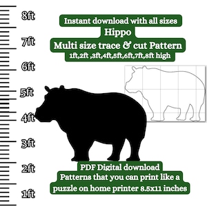 Modèle de silhouette d'hippopotame, modèle de pochoir numérique pdf, trace imprimable et construction découpée. Plans de menuiserie PDF, fête Jungle Safari Zoo