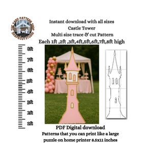 Patrón de Torre de Castillo de Princesa, plantilla imprimible en PDF, plantilla para trabajar la madera, paquete de plantillas de arte digital para jardín, telón de fondo para fiesta, soporte para pedestal