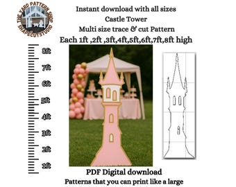 Princess Castle Tower pattern, pdf printable template, woodcraft stencil,  digital yard art stencil bundle party backdrop standee prop