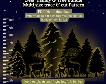 Mezcle y combine paquete de plantilla de plantilla de silueta de árbol de Navidad y reno de 6 pies, 7 pies, 8 pies y 10 pies, decoración navideña, recorte de rastro imprimible en PDF