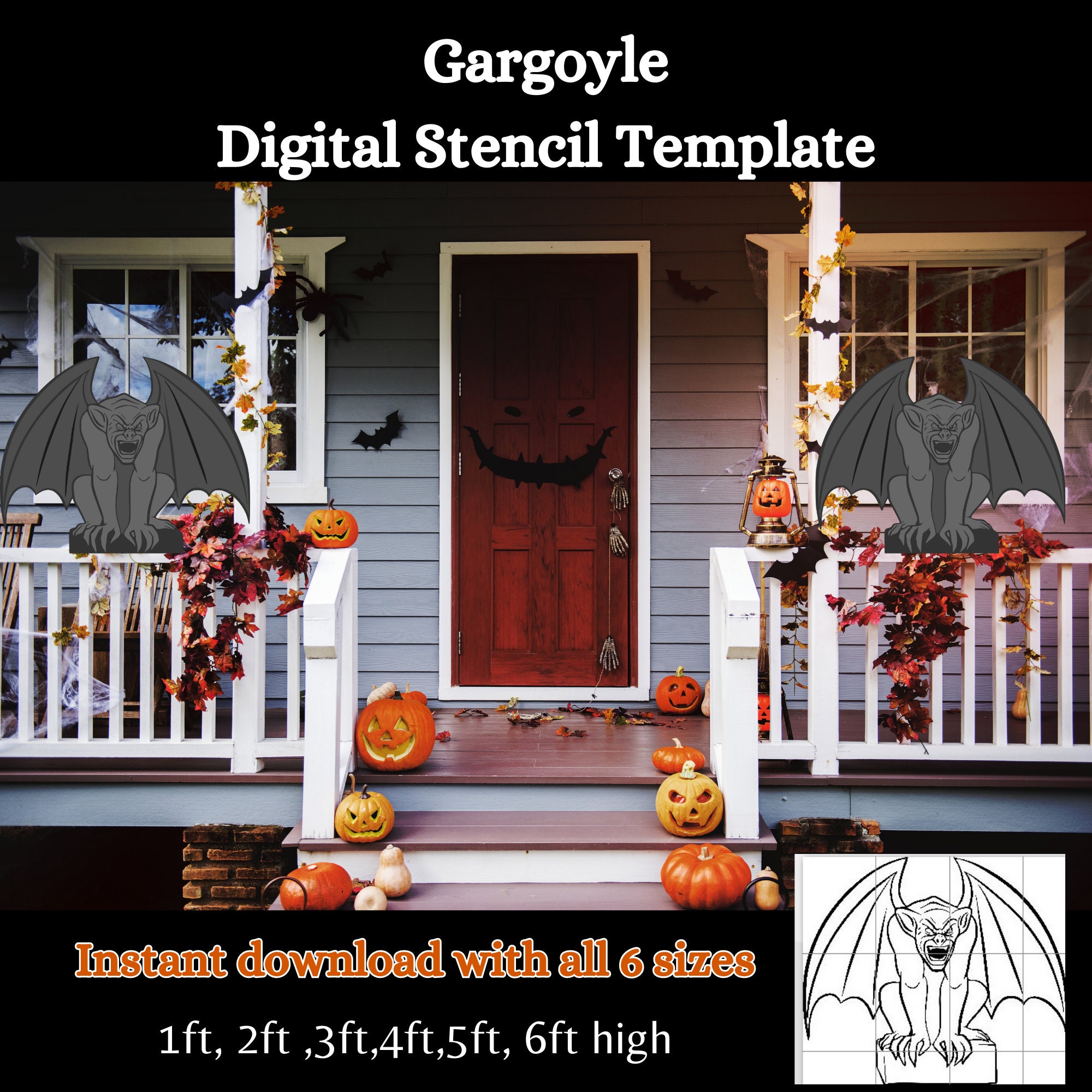 Halloween Stone Gargoyle Statue Silhouette Yard Art , Garage Door