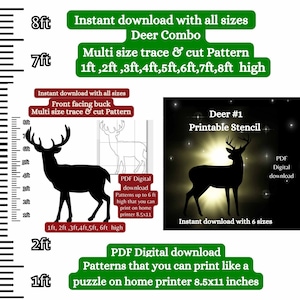 3ft 4ft 5ft 6ft Reindeer Combo silhouette pattern template  , male buck, Printable trace and Cut Christmas Stencils. PDF woodworking pattern