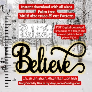 Puede incluir: Un patrón de descarga digital en blanco y negro de la palabra "Believe" en una fuente cursiva. El patrón está disponible en varios tamaños, de 1 a 3 metros de alto. La imagen muestra el patrón en una escena de invierno nevada.