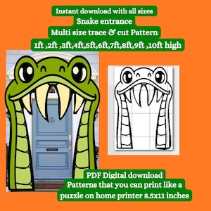 Puede incluir: Patrón de entrada de serpiente imprimible en varios tamaños, de 30 a 300 centímetros de alto. El patrón está diseñado para imprimirse en una impresora doméstica y recortarse como un rompecabezas. La imagen muestra una serpiente verde con una sonrisa de dientes, y un contorno en blanco y negro de la misma serpiente.