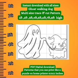 Könnte beinhalten: Schwarz-weiß-Linienzeichnung eines Geistes, der einen Hund spazieren führt. Das Bild befindet sich auf einem Raster mit Maßen in Fuß. Der Text "Sofortiger Download mit allen Größen" befindet sich oben im Bild. Der Text "Ghost walking dog" befindet sich unter der ersten Textzeile. Der Text "Multi size trace & cut Pattern" befindet sich unter der zweiten Textzeile. Der Text "1ft, 2ft, 3ft, 4ft, 5ft, 6ft, 7ft, 8ft high" befindet sich unter der dritten Textzeile. Der Text "PDF Digitaler Download" befindet sich unten im Bild. Der Text "Muster, die Sie wie ein Puzzle auf einem Heimdrucker 8,5x11 Zoll ausdrucken können" befindet sich unter der ersten Textzeile.