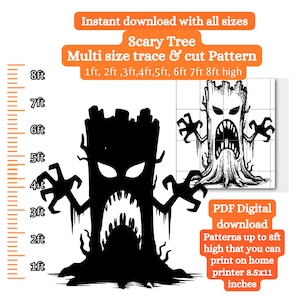 May include: A digital download pattern of a scary tree with a wide open mouth and sharp teeth. The pattern is available in multiple sizes, from 1 foot to 8 feet tall, and can be printed on a standard 8.5x11 inch printer.