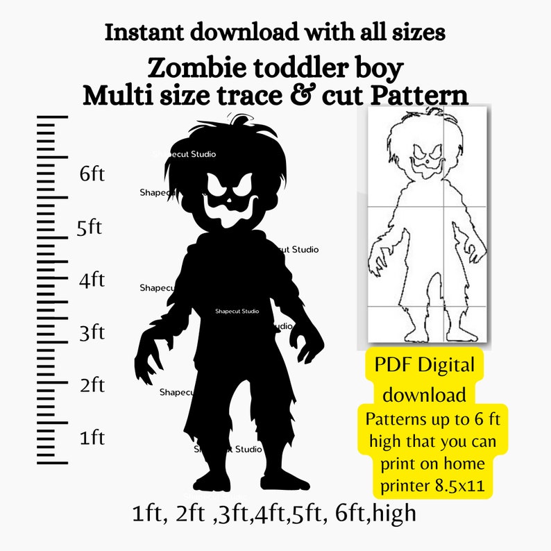 Zombie Ruler 3ft 4ft Zombie Toddler Boy Silhouette, Yard Art Pattern Digital Print ...