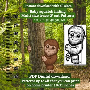 Peut inclure: Un modèle téléchargeable pour un bébé Bigfoot se cachant derrière un arbre. Le modèle est disponible en plusieurs tailles, de 30 cm à 180 cm, et peut être imprimé sur une imprimante domestique standard de 21,6 x 27,9 cm.