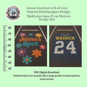 Op de afbeelding: Digitale download van aangepaste parkeerplaatsontwerpen. Eén ontwerp toont de tekst "Jenna's Spot" met kleurrijke bloemillustraties. Het andere ontwerp toont een shirt met de naam "WARREN" en het nummer "24".