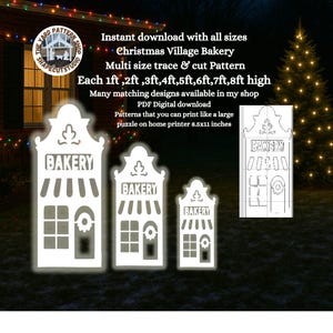 Silueta de panadería de pueblo navideño, plantilla imprimible en PDF, transferencia de plantilla para carpintería, colgador de puerta, paquete de plantillas de arte digital para jardín (SVG)