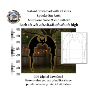 May include: A black bat arch silhouette with glowing edges, designed for Halloween. The image includes a size chart from 1 to 8 feet high, and the text "Spooky Bat Arch" and "PDF Digital download".