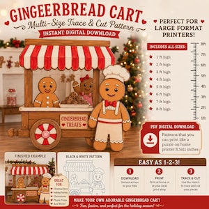 May include: A digital pattern for a gingerbread cart featuring a red and white striped awning, a wooden cart with wheels, and gingerbread characters. The graphic includes text labels, a height scale from 1 ft to 8 ft, and instructions for printing 8.5x11 inch pages.