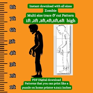 Könnte beinhalten: Ein digitaler Download eines Zombiemuster-Silhouetten in verschiedenen Größen. Das Muster ist zum Ausdrucken und Ausschneiden für Bastelarbeiten gedacht. Das Bild zeigt ein Lineal mit Messungen in Fuß, und der Text "1ft, 2ft, 3ft, 4ft, 5ft, 6ft high" ist enthalten.