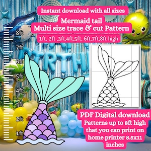 Patrón de plantilla de cola de sirena Pantalla Recorte Esquema de plantilla grande Descargar Lifesize verano Yard Art bajo el fondo de la fiesta temática del mar diy