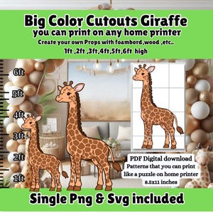 Jirafa de gran tamaño DIY, plantilla digital en color para standee, plantillas imprimibles para trazar y cortar, patrón de carpintería, decoración de fiesta de safari en la jungla