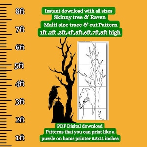 May include: Printable pattern for a skinny tree and raven silhouette. The pattern is available in multiple sizes, from 1 to 8 feet tall. The image shows a black silhouette of a tree with a raven perched on a tombstone. The pattern is designed to be printed on an 8.5x11 inch sheet of paper.