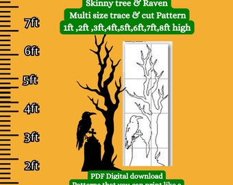 2,1 meter 2,4 meter Mall för trädgårdskonstdekoration med hemsökt träd, tryck och klipp ut, halloween-silhuettmönster pdf, digital stencil, smalt träd, fönstergrav