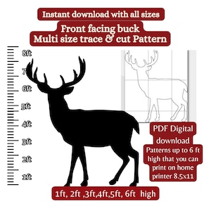 5ft 6ft 7ft 8ft Reindeer silhouette pattern template  , male buck, Printable trace and Cut Christmas Stencils. PDF woodworking pattern