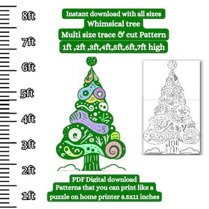 Plantilla de árbol de Navidad caprichoso de 5 pies 6 pies 7 pies, rastro de impresión y patrón de plantilla de corte, plantilla de carpintería de silueta de arte de patio, pueblo de Santas