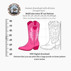 May include: A pink cowgirl boot pattern with a heart design, alongside a line drawing of the same boot. The image includes text: "Instant download with all sizes Cowgirl boot Multi size trace & cut Pattern". The pattern is for A4 paper.