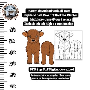 Op de afbeelding: Digitale download van een Highland kalf patroon voor een plantenbak. De afbeelding toont een bruine kalf illustratie, een lijntekening en tekst die luidt "Direct downloaden met alle maten" en "Elk 30cm, 61cm, 91cm hoog + 1 aangepaste maat."
