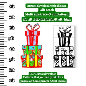 Op de afbeelding: Printbaar patroon voor een stapel kleurrijke cadeaudozen. Het patroon is verkrijgbaar in acht maten, van 30 cm tot 240 cm hoog. Het patroon kan worden afgedrukt op een thuiskopier en uitgeknipt om een feestelijke decoratie te maken.