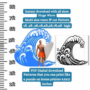 Plantilla PDF de fondo de olas oceánicas de 8 pies, plantilla para trazar y cortar imprimible, plantilla de letrero de fiesta en la playa, plantillas, patrón de papel digital PDF, tema luau