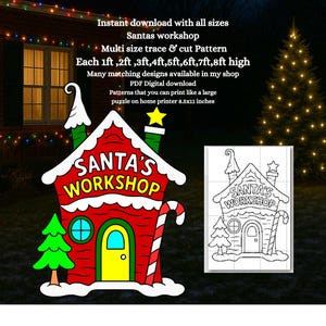 Peut inclure: Une découpe rouge et blanche de l'atelier du Père Noël avec une porte jaune et des accents de canne en sucre d'orge. L'image comprend le texte : "Téléchargement instantané avec toutes les tailles" et "Motif de traçage et de découpe multi-tailles".