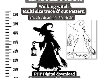 Witch Holding lantern, halloween silhouette template, yard art pdf pattern , 5ft 6ft 8ft printable woodworking pattern, diy yard decoration