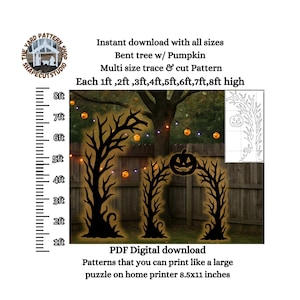Może przedstawiać: Czarne sylwetki dekoracji ogrodowych na Halloween, w tym wygięte drzewo i łuk z dyni, o wysokości od 30 cm do 244 cm. Obraz zawiera tekst "Natychmiastowe pobieranie" i "Pobieranie cyfrowe PDF".
