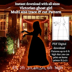 Donna fantasma vittoriana, modello silhouette di Halloween, modello pdf di arte del cortile, modello stampabile per la lavorazione del legno da 5 piedi e 6 piedi, garage con finestra del cortile fai da te
