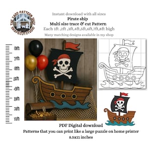 May include: A pirate ship-themed party decoration with a brown wooden ship, black sail with a skull and crossbones, and a treasure chest. The image includes balloons and text that reads "Pirate ship". The ship is approximately 244 cm high.