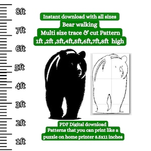 Op de afbeelding: Zwart-witte silhouet van een beer die loopt, met een rasterpatroon om te traceren en uit te knippen. De afbeelding bevat tekst die zegt "Direct downloaden met alle maten Beer loopt Multi-formaat traceer & knip patroon 1ft, 2ft, 3ft, 4ft, 5ft, 6ft, 7ft, 8ft hoog PDF Digitaal downloaden Patronen die je kunt printen als een puzzel op een thuiskopier 8,5x11 inch".