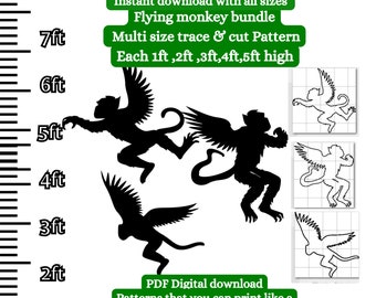 1ft 5ft flying monkeys silhouette Enlarged pattern, printable pdf stencil template, woodworking,cardboard cutout, yard art, digital stencil