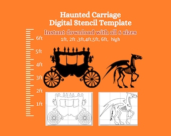 Peut inclure: Modèle de pochoir numérique en noir et blanc d'un carrosse hanté tiré par un cheval squelettique. Le modèle comprend six tailles : 30 cm, 60 cm, 90 cm, 120 cm, 150 cm et 180 cm.