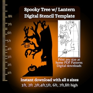 Plantilla de decoración de jardín con árbol aterrador de 7 pies y 8 pies, patrón de silueta de Halloween para imprimir y cortar en formato PDF, plantilla digital, árbol malvado, cementerio embrujado