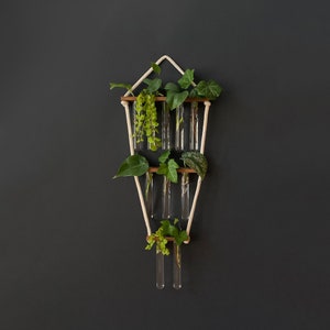May include: A white macrame plant hanger with a geometric diamond shape holds eight glass test tubes filled with small plants. The hanger is made of natural cotton cord and has wooden dowels.