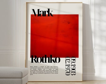 Può includere: Un poster incorniciato con un dipinto astratto rosso di Mark Rothko. Il poster include il nome dell'artista, le date e una breve biografia.