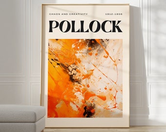 Può includere: Un poster con il titolo "POLLOCK" in grassetto nero. Il poster ha uno sfondo bianco con le parole "Chaos and Creativity 1912-1956" in nero in alto. Il poster presenta un dipinto astratto in arancione, bianco e nero.