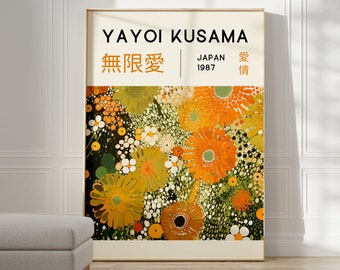May include: A poster featuring a floral design by Yayoi Kusama. The poster is titled "無限愛" and includes the text "JAPAN 1987" and "愛情". The flowers are yellow, orange, and white, and the background is green.