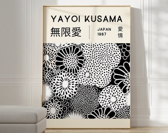 Può includere: Poster in bianco e nero con un motivo floreale e il testo "YAYOI KUSAMA" "無限愛" "JAPAN 1987" "愛情"
