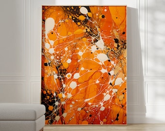 May include: Abstract painting with orange, white, and black swirling patterns. The painting is framed in a thin, wooden frame.